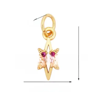 Detailed macro view of a 12mm gold plated star pendant with red zircons and dimensions