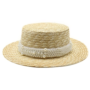 Chapeau De Paille Boater Élégant À Bord Large Garniture De Künstliche Perles Blanches Protection Solaire Vacances À La Plage Style Rétro