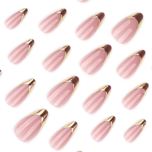 Elegant almond press-on nails with French gold metallic tips on nude pink base