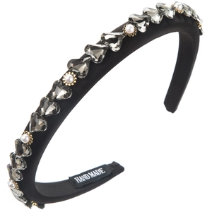 Black satin padded headband with heart crystals and faux pearls in baroque style