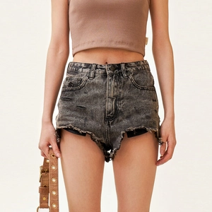 High Waist Denim Shorts Distressed Ausgefranster Saum Kreuz Stickerei Acid Wash Streetwear Retro Hot Pants Damen