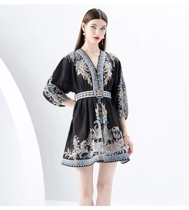 Detail of V-neckline and colorful boho print on black lantern sleeve mini dress