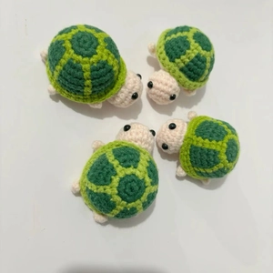 Set of four handmade crochet green turtles, cute knitted stuffed animal doll ornaments