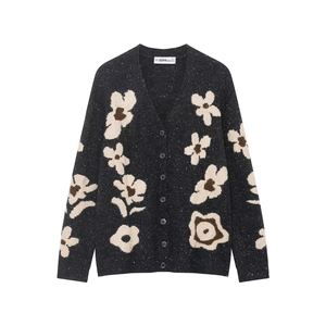 Damen Strickjacke Mit Blumenmuster V-Ausschnitt Lose Passform Langarm Lässige Strickmode