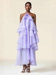 Lavender purple halter neck tiered ruffle dress with 3D floral accent for summer vacation