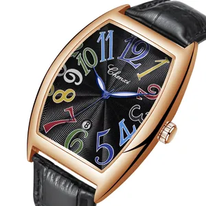 Orologio al quarzo da uomo con cassa tonneau oro rosa, cinturino in pelle e data