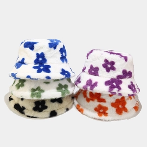 Floral Pattern Plush Faux Fur Bucket Hat Winter Warm Outdoor Fashion Foldable Sun Protection For Women
