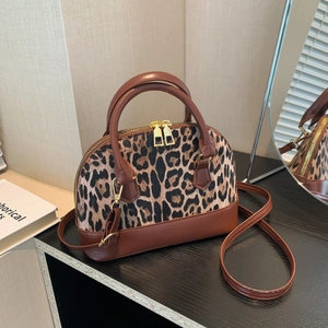 Minimalist leopard print shell handbag with brown leather trim and golden zippers