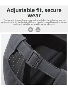 Detail view of the adjustable metal buckle and breathable fabric on the dark grey sun hat