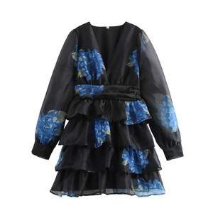 Mini Abito Stampa Floreale Scollo A V Manica Lunga Organza Volant Orlo A Strati Dolce Elegante Vita Alta A-Line