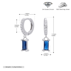 Detailed views of S925 sterling silver hoop earrings with rectangular blue zircon stones