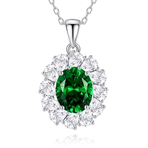 S925 sterling silver oval emerald necklace with white pear-cut zircon halo accents