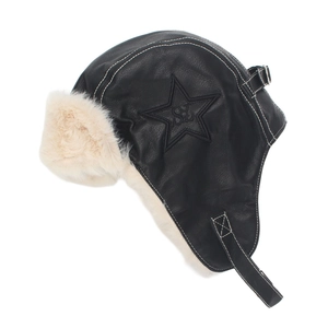 Winter children's black faux leather pilot hat with fleece lining and star pattern