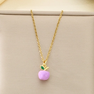 Detail of light purple enamel apple pendant on a gold titanium steel chain necklace
