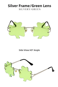 Front and 45-degree side views of silver frame clover glasses with green lenses