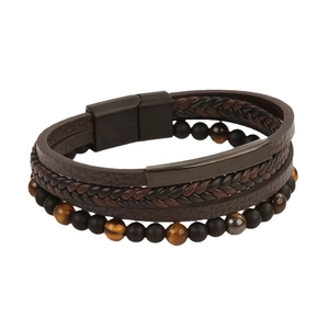 Multilayer brown leather bracelet with black onyx and tiger eye stone beads on white background