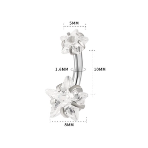 Detail view of star zircon navel ring with 5mm and 8mm gems on 1.6mm steel bar