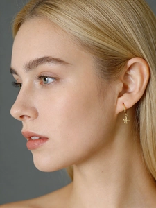 Macro shot of a golden starfish earring worn by a model on a clean grey background