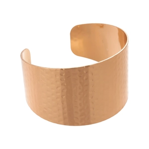 Minimalist hammered rose gold cuff bracelet featuring irregular texture and open band design