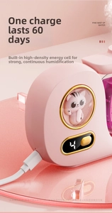 Pink cat humidifier detail showing 60-day battery life and digital power display screen
