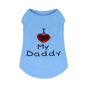 Light blue ribbed cotton pet vest with sequin I love My Daddy print for small dogs