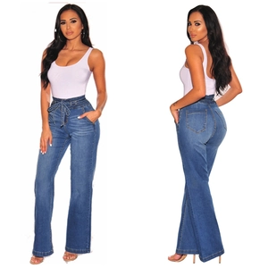 Women High Waist Wide Leg Jeans Washed Denim Pants With Self Tie Belt Casual Straight Loose Fit Cotton Blend