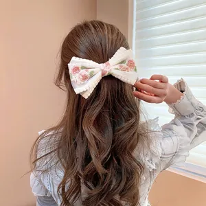 French retro oversized lace bow hair clip with colorful floral embroidery for women