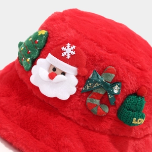 Red faux fur Christmas bucket hat with Santa, sequin tree and candy cane decorations