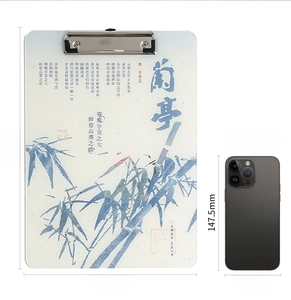 Acrylic clipboard with Chinese calligraphy shown next to a smartphone for size scale