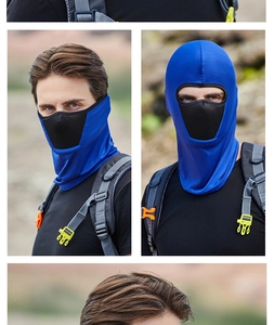 Detail of blue cycling mask showing black breathable mesh and versatile wearing styles