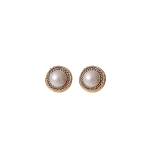 Vintage round pearl earrings with gold and silver chain link textured borders for women