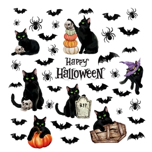 Watercolor Halloween wall decals set with black cats, bats, pumpkins, and spiders