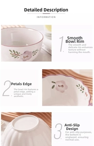 Detail view of purple flower ceramic bowl with wavy petal rim and non-slip bottom base