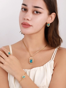 Detailed view of turquoise jewelry set including necklace and earrings on a model