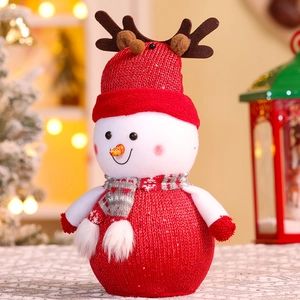 Detail of a Christmas snowman plush with red sequins, knit hat and festive striped scarf