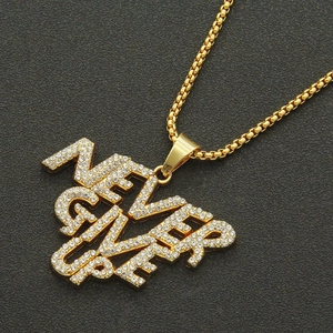 Gold iced out 'Never Give Up' letter pendant necklace with sparkling clear rhinestones