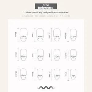 Size reference chart showing 12 different dimensions for French style press-on nails