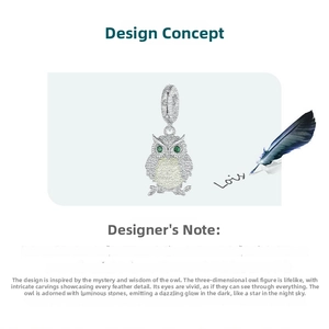 Close-up of owl pendant in S925 sterling silver with green gemstone eyes and luminous stone