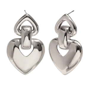 Boucles d'oreilles cœur en acier inoxydable argenté poli avec finition miroir chic