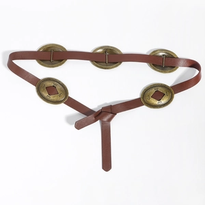 Close-up of vintage brown leather belt with five brass oval buckles on white background