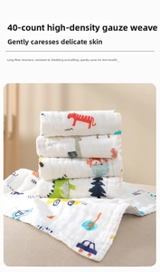 Detail of 40-count high-density cotton gauze baby towels with colorful cartoon patterns