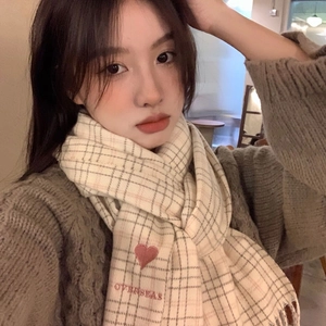 Women Winter Warm Plaid Scarf With Heart Embroidery And Tassels Soft Polyamide Korean Style Long Scarf For Daily Travel