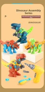 Detail of four colorful DIY dinosaur models with electric drill and manual screwdriver