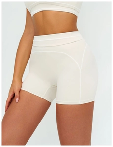Detail view of high waist sports shorts with contrast stitching and elastic fabric