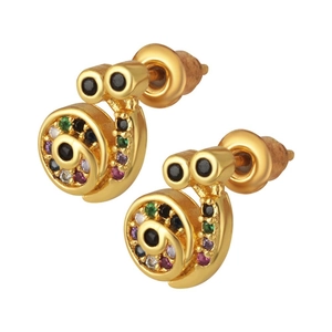 Golden snail stud earrings with colorful cubic zirconia stones on white background