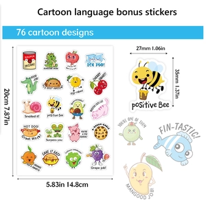 Cartoon reward stickers for kids with 76 punny designs featuring animals and fruits