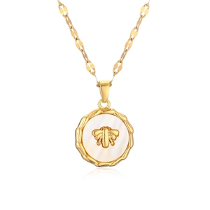 Vintage gold plated necklace with bee pendant and white mother of pearl inlay