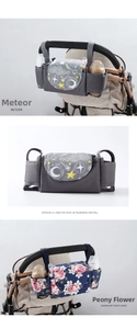 Universal stroller organizer with dual bottle holders and star floral pattern details