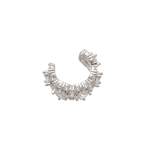 Sparkling silver ear cuff with round and rectangular cubic zirconia on a white background