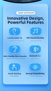 Detail view of deep blue clip-on earphone with Bluetooth 5.3 and touch controls